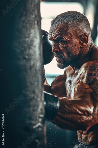 A dynamic shot of a professional boxer training hard in a gym, punching a heavy bag with precision