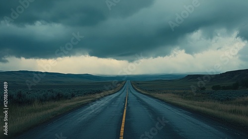 Stormy Road Through Vast Fields Under Dark Skies Representing Travel and Adventure in Dramatic Scenery photo