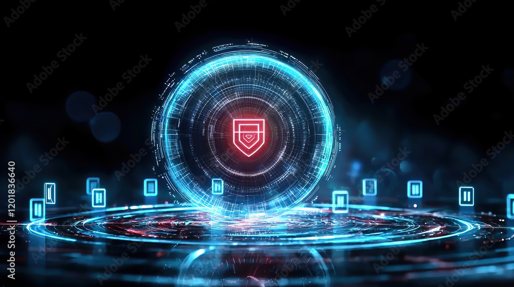 Fototapeta premium Zero-trust networking enforces security. Access is granted through strict policies. Digital Shield in Futuristic Cyber Security Concept Art