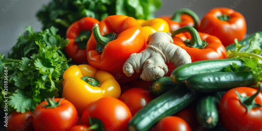A vibrant mix of red, yellow, and green vegetables, including bell peppers, cucumbers, and tomatoes, with a piece of ginger in the center. A vibrant mix of red, yellow, and green vegetables, including bell peppers, cucumbers, and tomatoes, with a piece of ginger in the center.