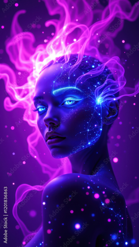 A futuristic AI persona with glowing blue eyes and cosmic energy emitting from her head, set against a purple nebula backdrop. A futuristic AI persona with glowing blue eyes and cosmic energy emitting from her head, set against a purple nebula backdrop.