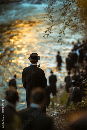 A dynamic shot of a rabbi leading a Tashlich ceremony by a riverside during Rosh Hashanah photo