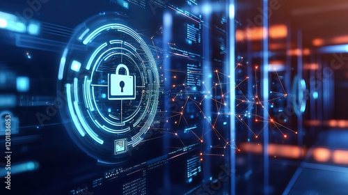 Zero-trust networking enforces security. Access is granted through strict policies. Digital Security Concept with Lock and Data Protection Visuals