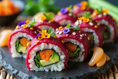 Vibrant vegan sushi rolls with colorful beetroot puree and edible flowers on rustic stone plate, healthy eating concept. photo