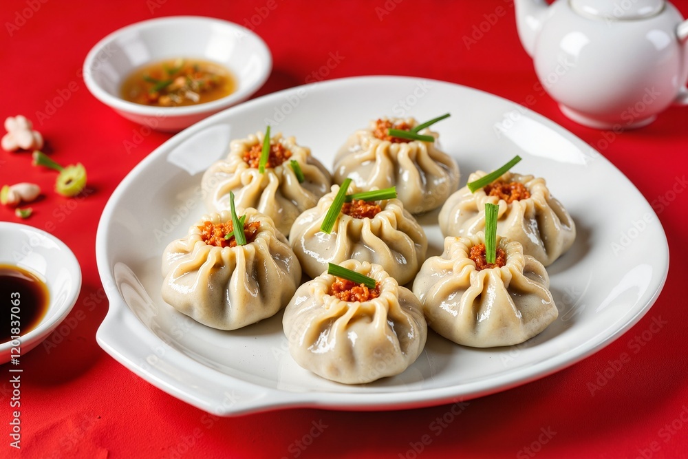 Delicious soup dumplings filled with savory meat on a vibrant red table, highlighting culinary tradition and flavor. Delicious soup dumplings filled with savory meat on a vibrant red table, highlighting culinary tradition and flavor.