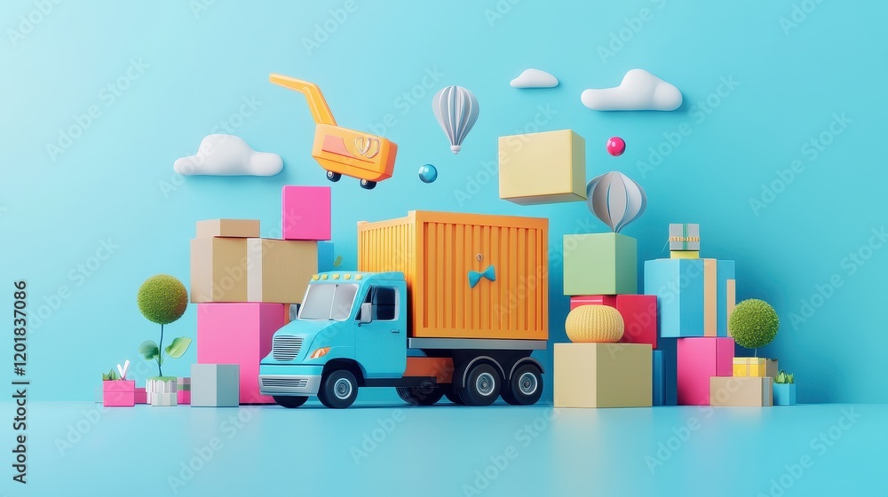 Fototapeta premium E-commerce logistics optimization flat design front view tech innovation 3D render complementary color scheme 