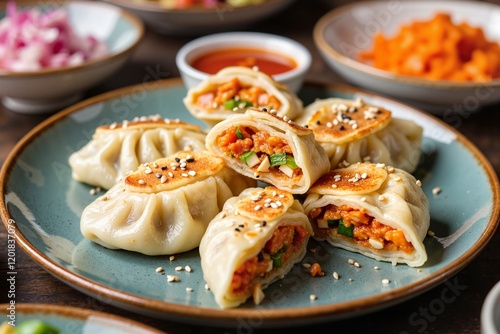 Golden pan-fried mandu stuffed with kimchi and tofu, beautifully plated on a traditional celadon plate, celebrating Korean cuisine and cultural heritage. photo