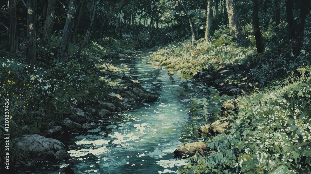 Obraz premium Sunlit stream flows through lush green forest. (3)