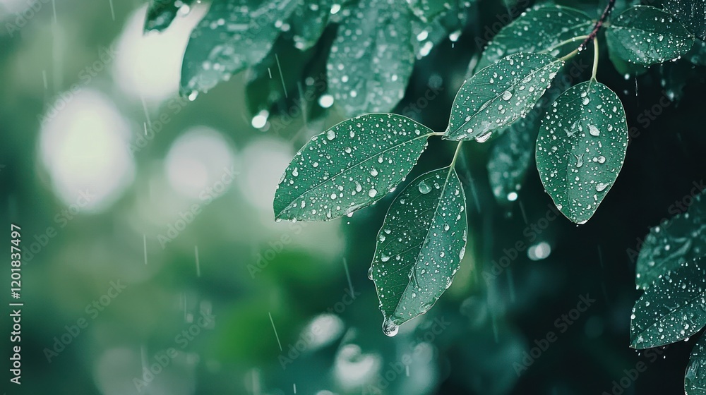 Rain-covered green leaves with water droplets. Rain-covered green leaves with water droplets.