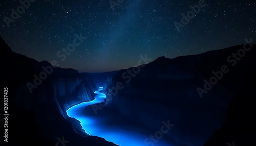 Glowing River Canyon Night Landscape Starry Sky