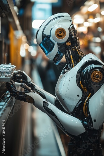A dynamic shot of a robotic arm assembling parts on a conveyor belt in an industrial setting