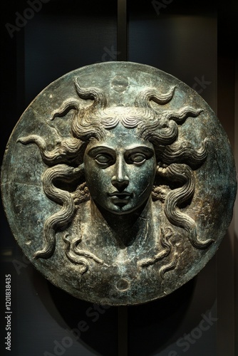 A dynamic shot of a shield bearing the Gorgon Medusa head, displayed in a museum exhibit photo