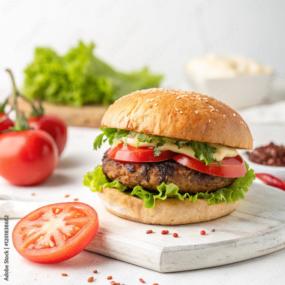 Big sandwich - hamburger with juicy beef burger, cheese, tomato, and red onion Big sandwich - hamburger with juicy beef burger, cheese, tomato, and red onion