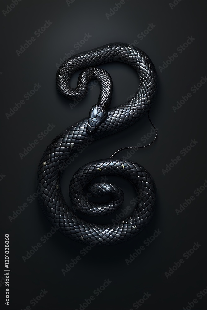 Fototapeta premium Coiled Black Snake Against Dark Backdrop Detailed Reptile On Black Surface Isolated View
