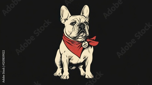 A stylish illustration of a French Bulldog wearing a red bandana, exuding charm and personality against a dark background. photo