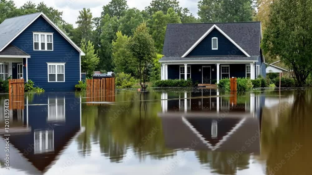 Homes are surrounded by significant flooding, with water covering front yards and reflections visible on the surface Homes are surrounded by significant flooding, with water covering front yards and reflections visible on the surface