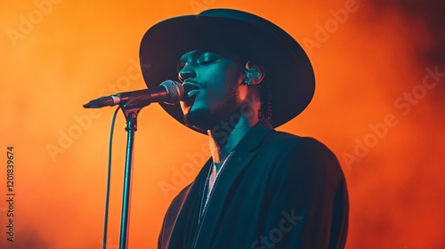 Soulful Singer in Black Hat Performing Under Vibrant Orange and Purple Stage Lights photo