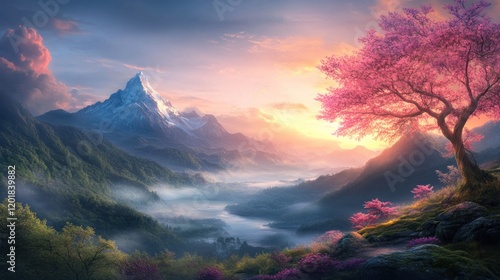 Majestic mountain sunrise over serene valley with pink cherry blossoms nature landscape tranquil environment photo