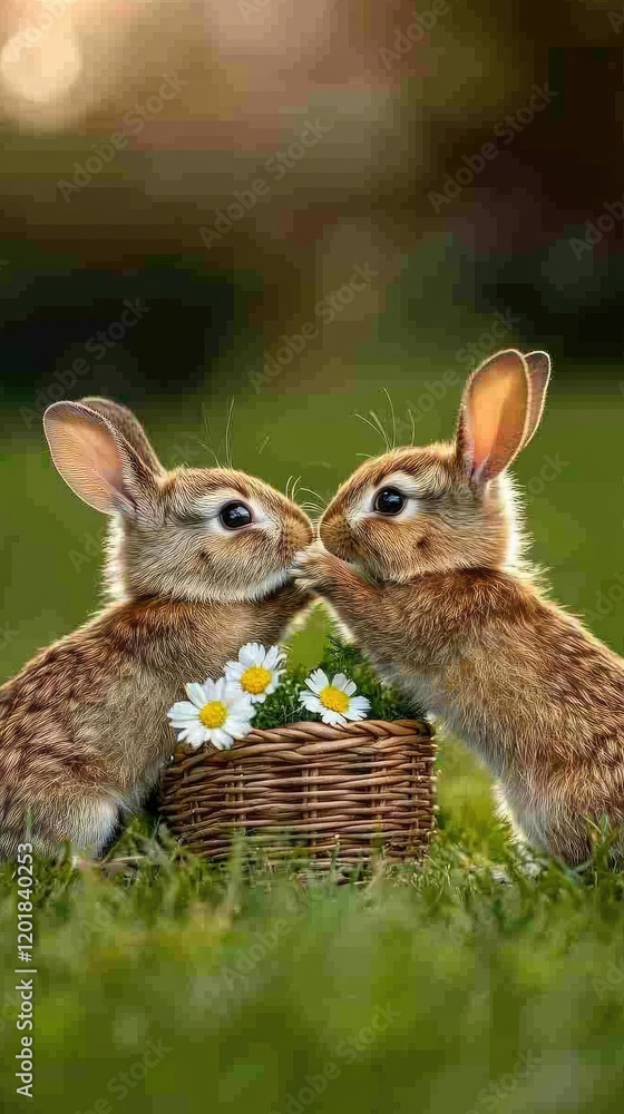 Two adorable bunnies rest in an Easter basket filled with spring flowers, creating a cheerful atmosphere in a natural setting Two adorable bunnies rest in an Easter basket filled with spring flowers, creating a cheerful atmosphere in a natural setting