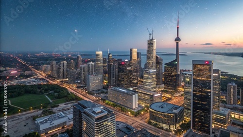 Aerial view of downtown Toronto, Canada, with modern skyscrapers at night. Wide-angle lens, natural lighting.