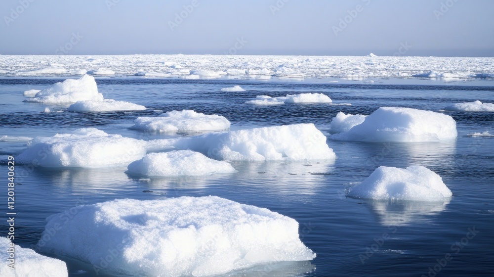 Obraz premium Numerous ice formations float on the tranquil blue water under a clear sky