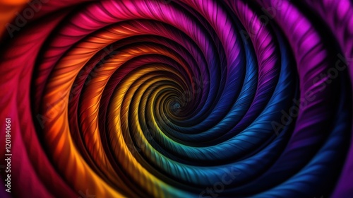 Abstract spiral pattern with vibrant rainbow colors and dynamic twisted design