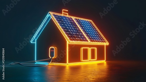 Glowing Neon House with Solar Panels and Electric Plug for Eco-Friendly Futuristic Living