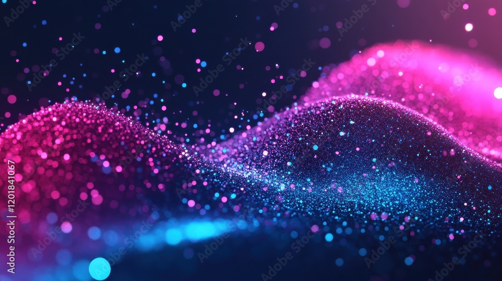 Abstract glowing particles forming wavy shapes in vibrant pink and blue on a dark background Abstract glowing particles forming wavy shapes in vibrant pink and blue on a dark background