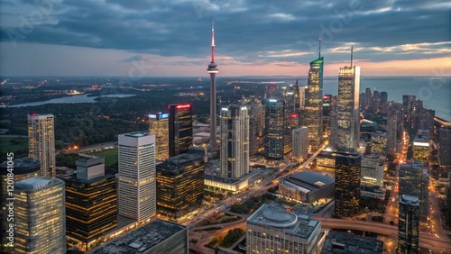 Aerial view of downtown Toronto, Canada, with modern skyscrapers at night. Wide-angle lens, natural lighting.
