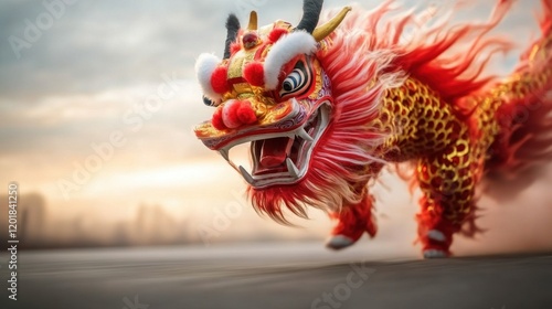 A vibrant lion dance costume featuring a fierce dragon head and flowing mane, symbolizing celebration and cultural heritage. photo