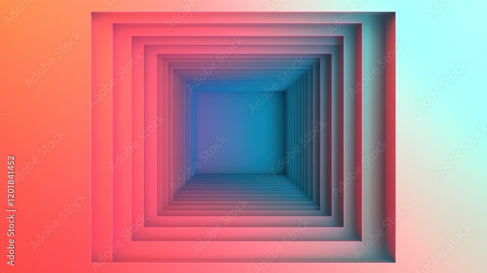 Minimalist abstract tunnel with layered geometric squares in vibrant pink, orange, and blue gradients