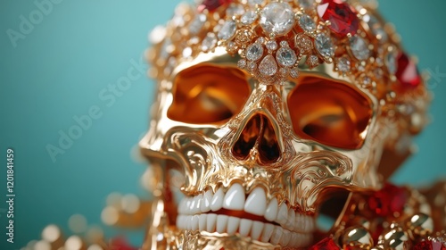 An ornate skull plastered with a rich mosaic of jewels and gold details, presenting a breathtaking luxury display that beautifully contrasts mortality and splendor. photo