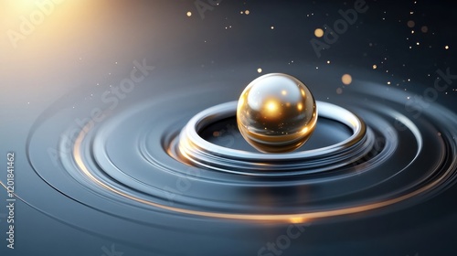 Abstract golden sphere on rippling metallic waves with glowing highlights and particles in a futuristic composition