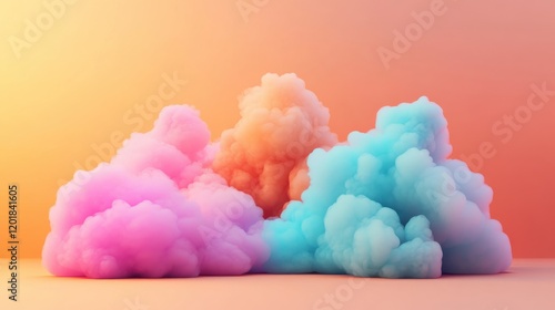 Colorful cloud clusters in pastel pink, orange, and blue tones with soft lighting on a warm gradient background