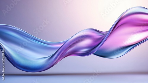 Glossy abstract wave in metallic blue and pink tones with smooth textures and flowing design on a soft gradient background