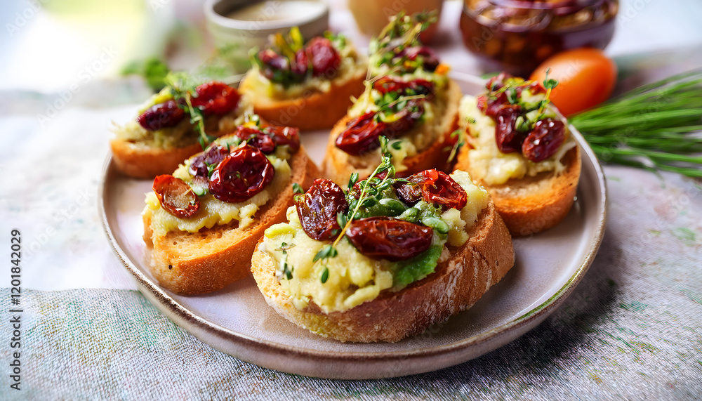 bruchetta, with, mus, avocado, dried, tomatoes, food, meal, meat, bread, vegetable, plate, tomato, cheese, chiabatta, canapés, canape, sprouted, dinner, appetizer, on, grey, background, cream, ad bruchetta, with, mus, avocado, dried, tomatoes, food, meal, meat, bread, vegetable, plate, tomato, cheese, chiabatta, canapés, canape, sprouted, dinner, appetizer, on, grey, background, cream, ad