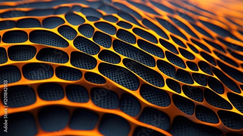 Closeup of orange lattice mesh structure over dark textured surface creating a futuristic and dynamic abstract pattern