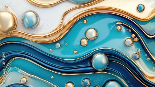 Abstract fluid design with turquoise and gold waves, featuring metallic bubbles and elegant texture on a contemporary background