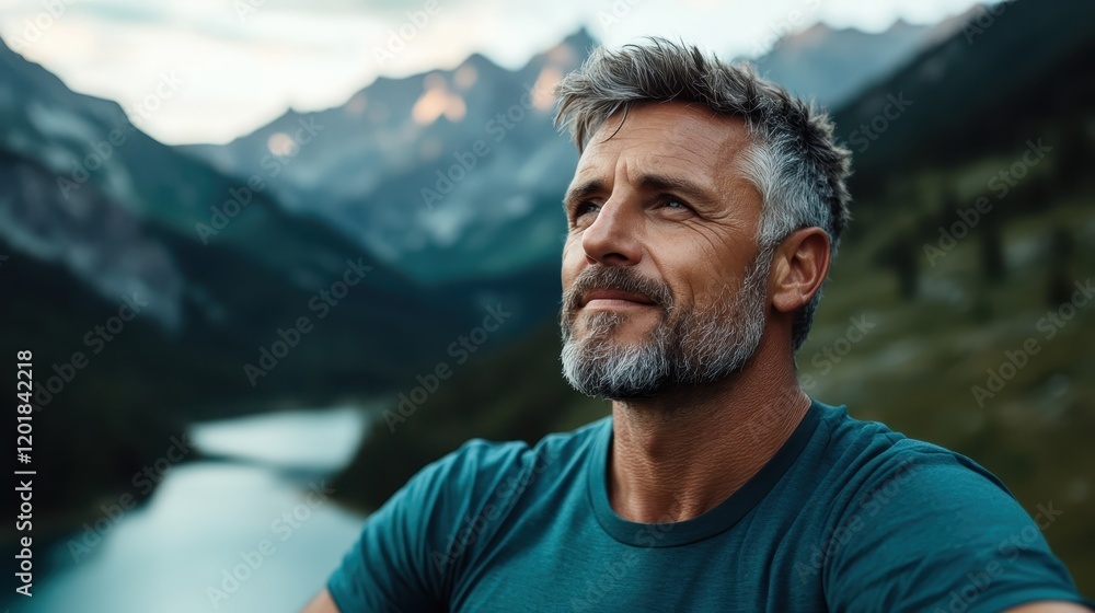 An introspective man gazes at the serene mountain view, surrounded by lush greenery and a tranquil lake, capturing a moment of reflection and tranquility. An introspective man gazes at the serene mountain view, surrounded by lush greenery and a tranquil lake, capturing a moment of reflection and tranquility.