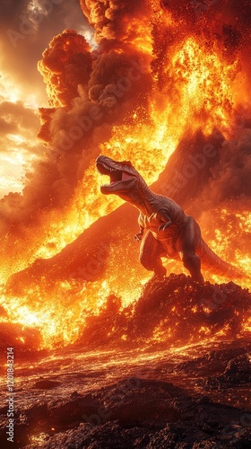 Dinosaur Roaring Amidst Volcanic Eruption - A dramatic scene of a dinosaur on fiery terrain