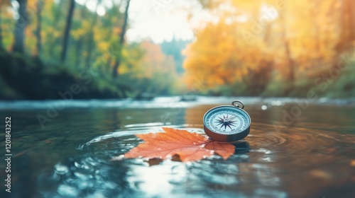 Exploring nature's path compass on leaf in autumn stream tranquil environment scenic viewpoint serenity concept photo