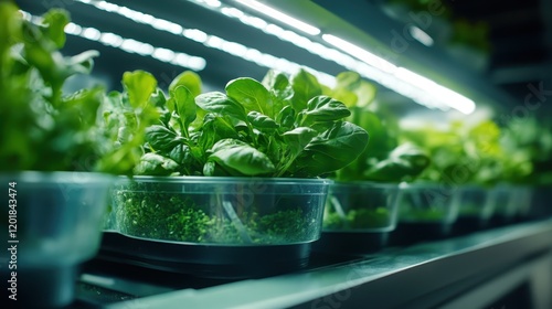 Hydroponic spinach leaves thrive in clear containers under bright LED lights, illustrating modern agriculture techniques and indoor farming innovation. photo