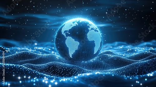 Glowing digital earth on wave background.