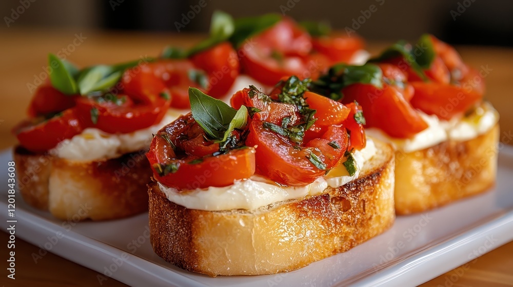 A close-up of three bruschettas topped with diced tomatoes, fresh basil, and a spread, served on a white plate, capturing the vibrant colors and textures. A close-up of three bruschettas topped with diced tomatoes, fresh basil, and a spread, served on a white plate, capturing the vibrant colors and textures.