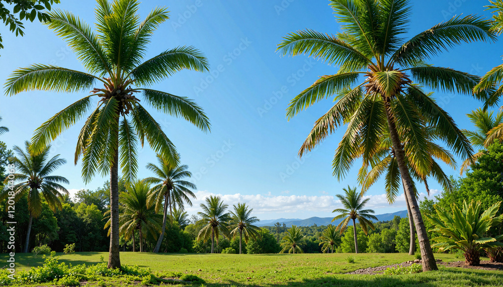 Obraz premium Palm trees under a clear blue sky in a tropical landscape with copy space