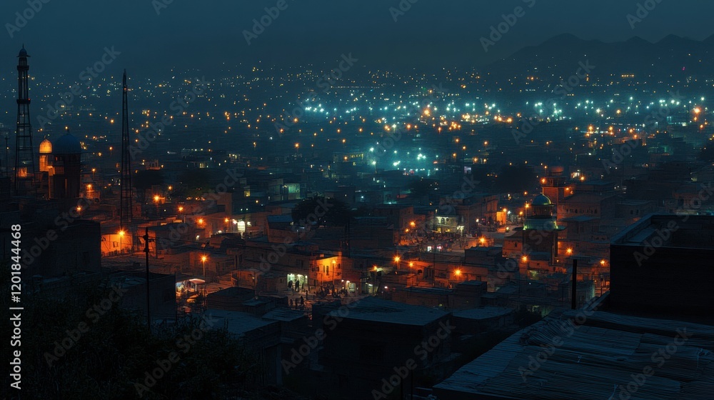 Obraz premium A scenic overlook of a city with mosques lit up for Ramadan