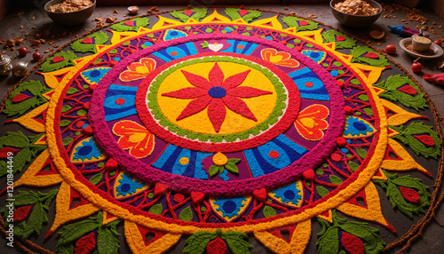 Colorful rangoli design with floral patterns for festive decoration concept