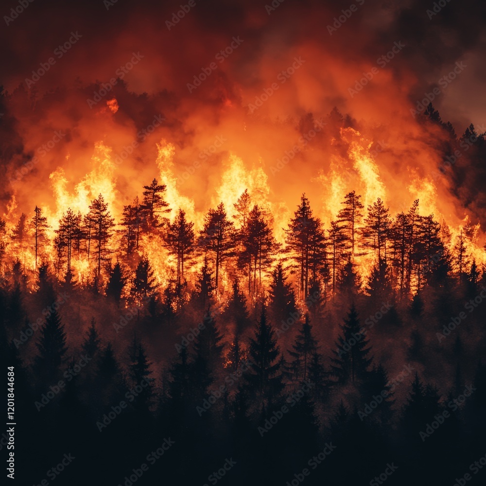A dramatic image of a rainforest on fire, symbolizing environmental destruction. Ideal for climate awareness projects.