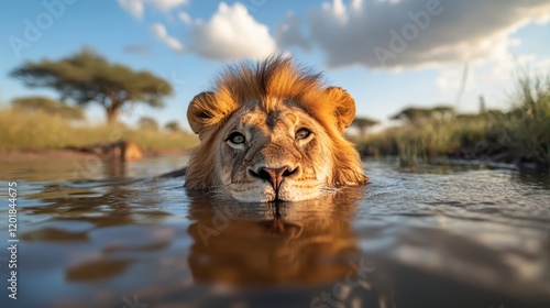 A determined lion swimming through the water in the wild, with its intense look piercing the horizon, symbolizes focus, perseverance, and untamed spirit. photo