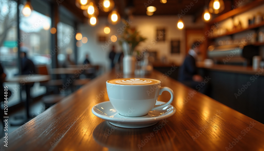 Modern coffee shop moment with close-up latte art in ceramic cup, warm inviting lighting and bustling café Modern coffee shop moment with close-up latte art in ceramic cup, warm inviting lighting and bustling café